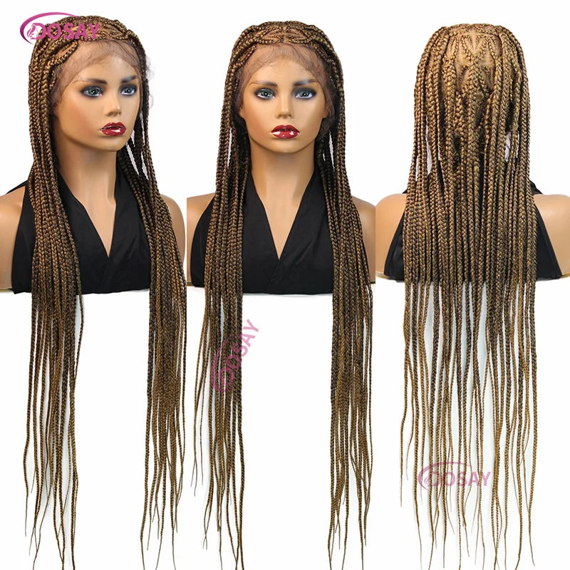Elegant woman wearing a 36" blonde and black braided lace front wig, exemplifying ultimate femininity and style.