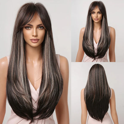 Close-up view of a high-quality heat-resistant black and red synthetic wig, showcasing its sleek straight texture.