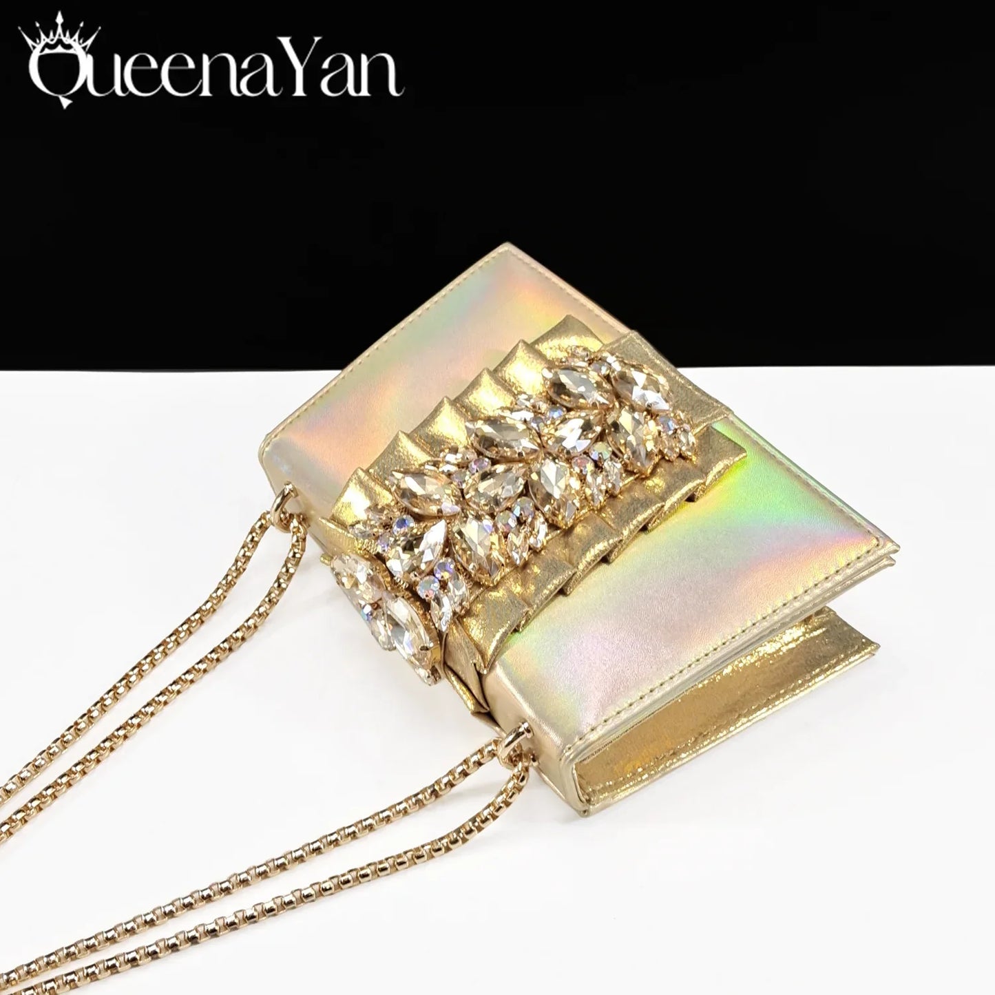 Fashionable gold bag set accompanying Queena Yan high heels, embellished with rhinestones, perfect for a glamorous look.