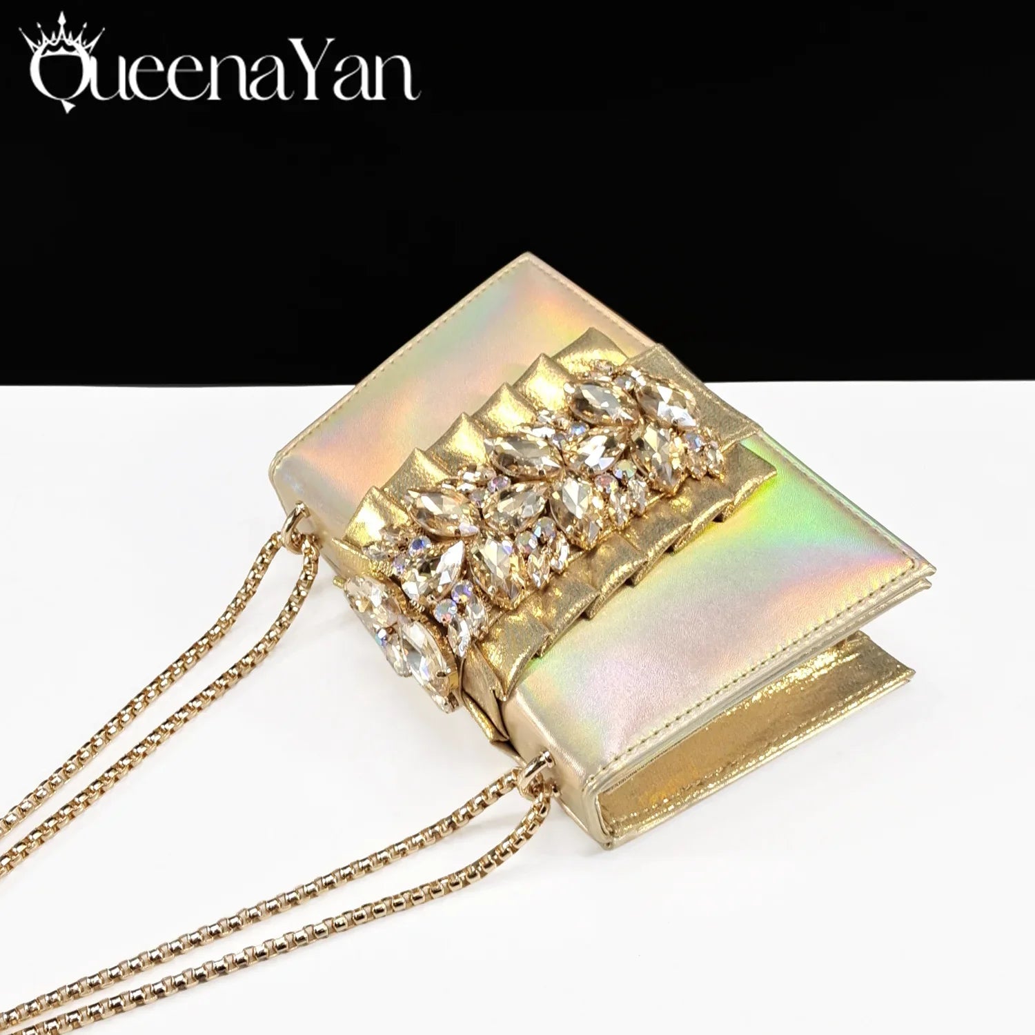 Fashionable gold bag set accompanying Queena Yan high heels, embellished with rhinestones, perfect for a glamorous look.