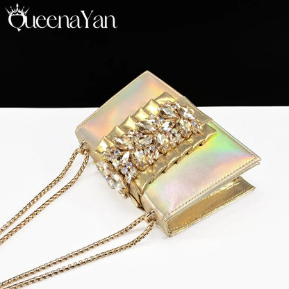 Fashionable gold bag set accompanying Queena Yan high heels, embellished with rhinestones, perfect for a glamorous look.