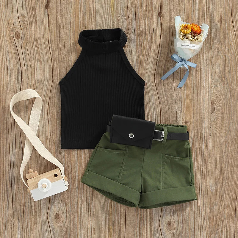 Sophisticated girls summer ensemble comprising a trendy halter neck top, matching shorts, and a fashionable waist bag, perfect for infants aged 1-3 years.