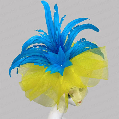 Side view of a sophisticated Kentucky Derby fascinator hat for women, featuring exquisite feather embellishments, ideal for high-end events.