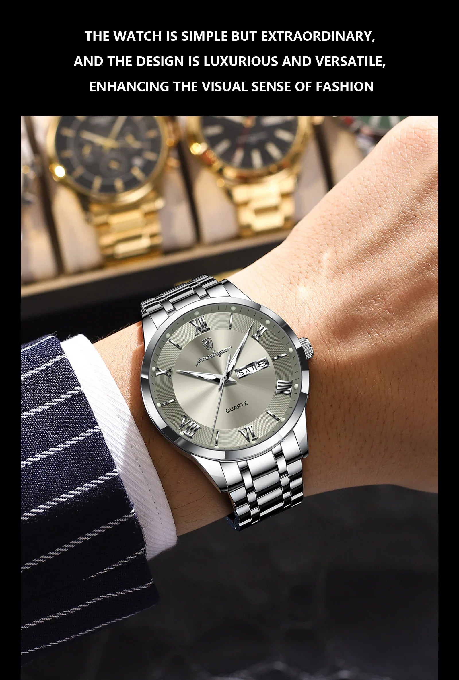 Elegant men's quartz wristwatch with push button hidden clasp, exemplifying modern luxury in casual and fashion wear.