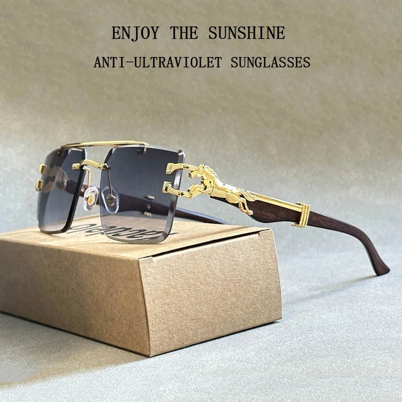 Fashionable luxury eyewear displayed against a chic backdrop, showcasing gradient lenses and a classic square rimless silhouette for both men and women.