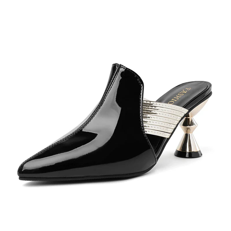 Graceful green high heel slippers featuring a unique pointed toe and stylish metal heel, ideal for adding an elegant touch to any outfit.