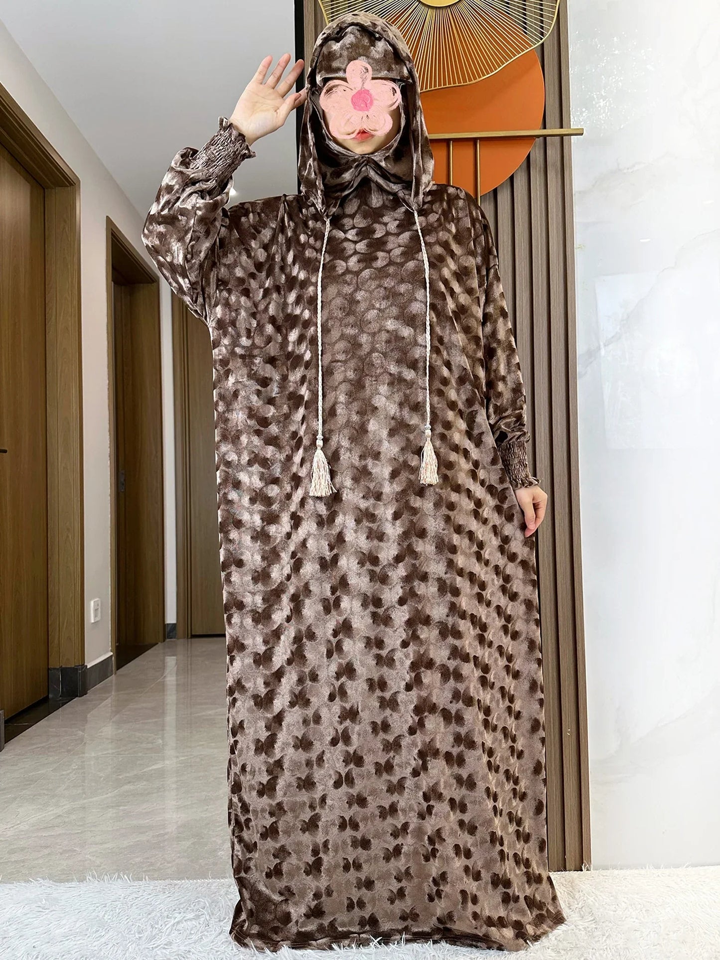 Close-up of the textured velvet material of the Muslim Abaya, highlighting high stretch elasticity and superior quality for ultimate comfort and style.