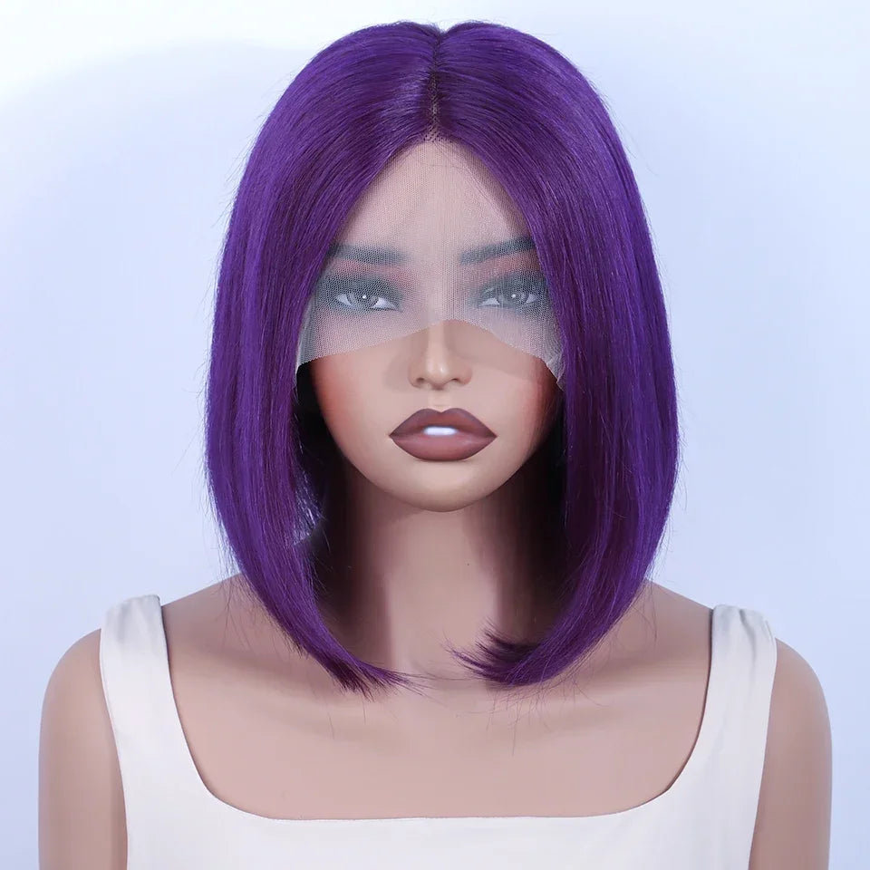 Luxury Brazilian purple short straight bob wig crafted from 100% human hair, featuring a transparent Swiss lace front for a natural look.