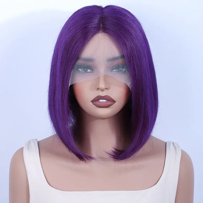 Luxury Brazilian purple short straight bob wig crafted from 100% human hair, featuring a transparent Swiss lace front for a natural look.