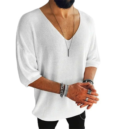 Elegant men's casual V-neck knit top made from breathable polyester, featuring short sleeves in a luxurious solid colour, perfect for spring and summer occasions.