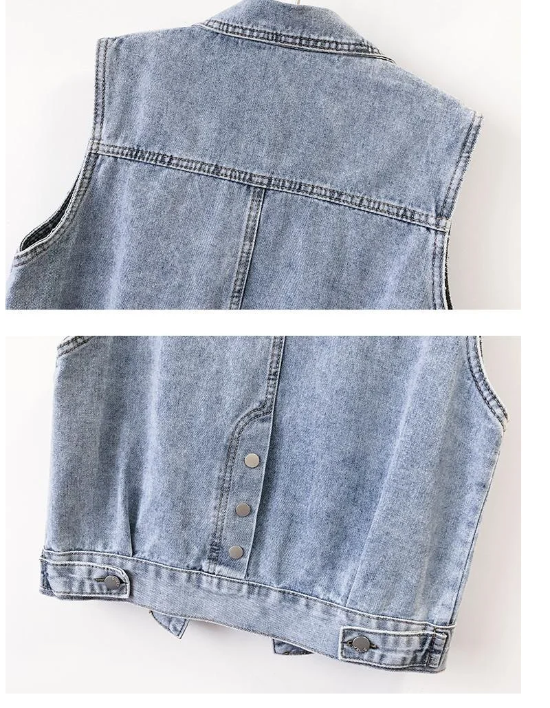 Elegant women’s casual sleeveless sequin denim vest jacket featuring pockets, perfect for summer and autumn layering