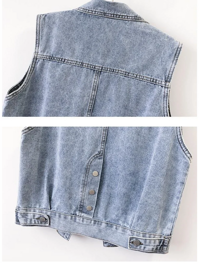 Elegant women’s casual sleeveless sequin denim vest jacket featuring pockets, perfect for summer and autumn layering