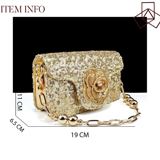 Stylish QSGFC gold handbag set, designed to complement the elegant wedding shoes with beautiful floral detailing.