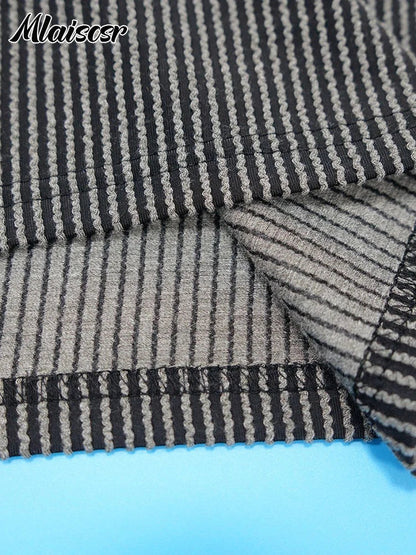 Fashionable display of the Mlaiscsr bodycon dress in a vibrant striped pattern, illustrating its slim fit and luxurious polyester blend for winter styles.