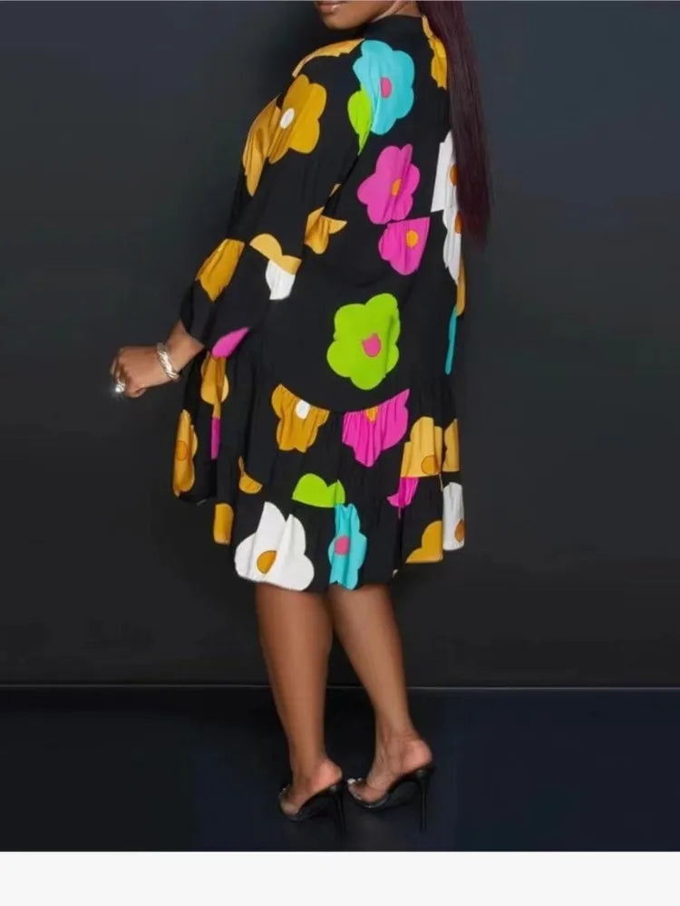 Sophisticated women's loose fit jumpsuit in autumn hues, showcasing a unique print pattern.