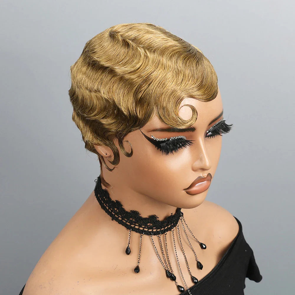 Different angles of the Luxurious 180% Density Finger Wave Pixie Human Hair Wig, revealing its exquisite design and comfort for stylish wear.