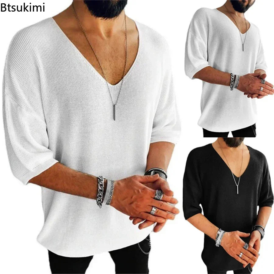 Men's casual V-neck knit top in elegant white, perfect for spring and summer, crafted with breathable polyester for ultimate comfort.
