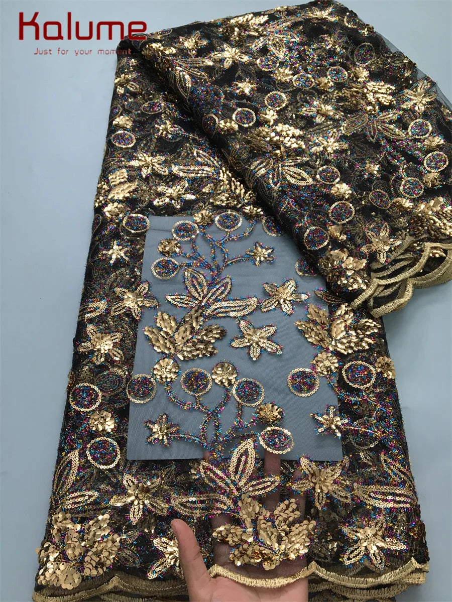 Kalume High-Quality African Lace Fabric featuring exquisite sequins, ideal for crafting luxurious party or wedding dresses.