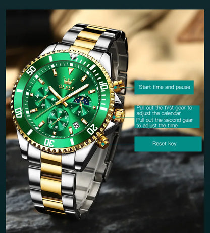 Luxury men's stainless steel chronograph watch displayed on a marble surface, showcasing the watch's refined design and impeccable style.