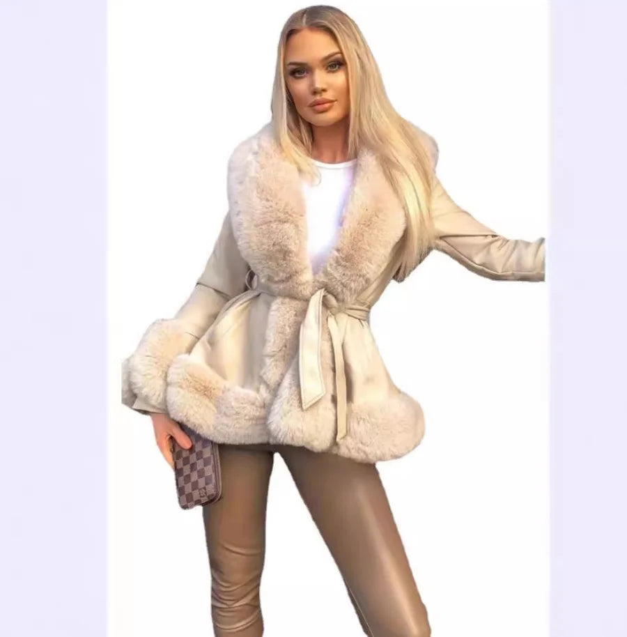Elegant women's luxury faux leather jacket with warm imitation rabbit hair lining, showcasing an adjustable waist feature for a tailored fit.