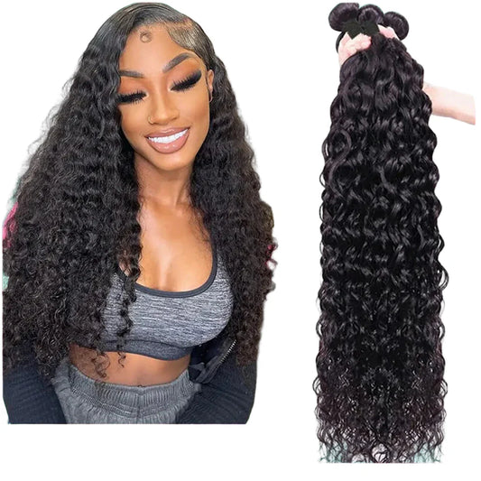 Luxury Water Wave Brazilian Remy Hair Bundle showcasing a stunning deep wave texture, highlighting its premium quality and elegance, available in lengths from 10 to 30 inches.