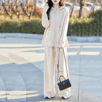 Luxurious 100% Merino Wool Women's Crewneck Hooded Cardigan and Wide Leg Pants Suit, perfect for autumn and winter casual wear, offering warmth and style for middle-aged women.