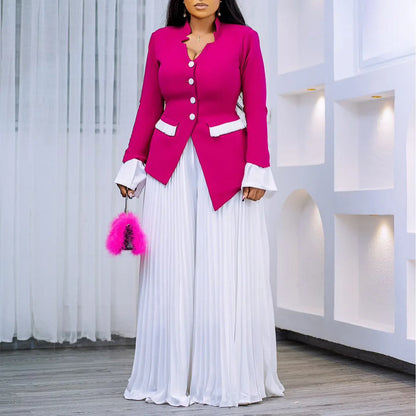 Detailed view of CM.YAYA Plus Size Blazer showcasing V-Neck collar and flare sleeves, embodying a contemporary office lady style with a touch of elegance.