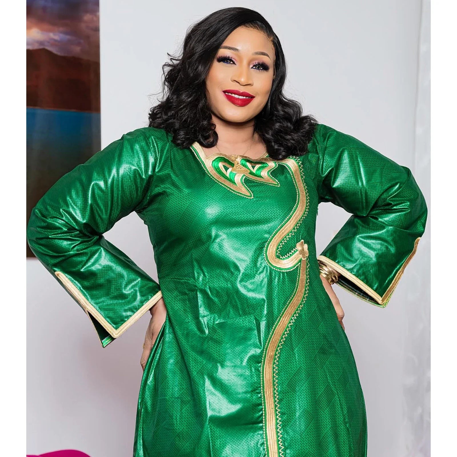 Luxurious cotton Dashiki dress with open stitch closure, designed for women seeking stylish traditional African clothing with exquisite embroidery details.