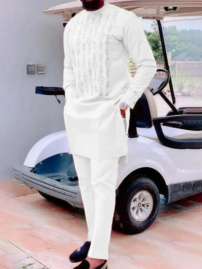 Men's luxury casual two-piece suit featuring a white geometric print with O-neck collar and drawstring pants, perfect for stylish, relaxed occasions.