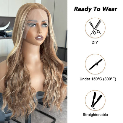 13x6 Body Wave Ombre Lace Front Wig in luxurious honey blonde, crafted from high temperature synthetic hair, featuring Swiss lace base for comfort.
