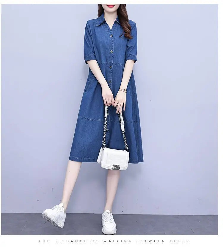 Sophisticated 5XL denim dress with short sleeves, square neckline, and a flowing A-line style, perfect for a luxurious casual look.