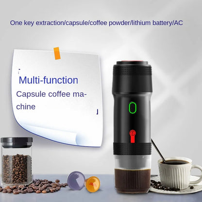 Luxurious portable espresso machine in sleek design, showcasing automatic features and compatibility with large and small coffee capsules.