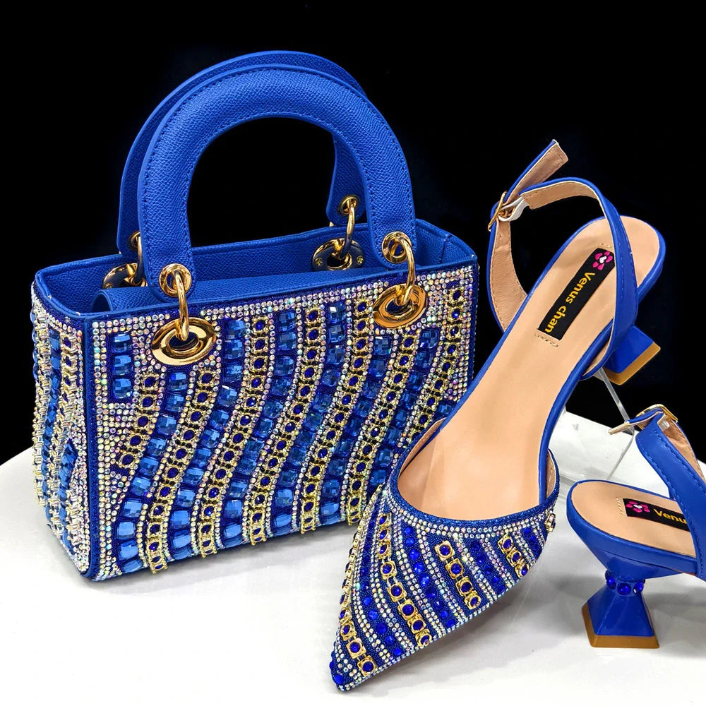 Chic women's matching handbag and heel set, with intricate rhinestone detailing, exemplifying luxury style for the modern woman.