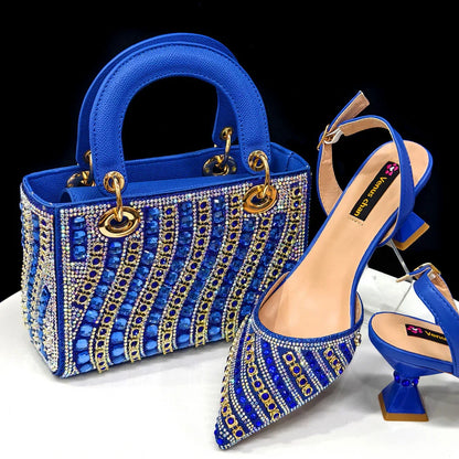 Chic women's matching handbag and heel set, with intricate rhinestone detailing, exemplifying luxury style for the modern woman.