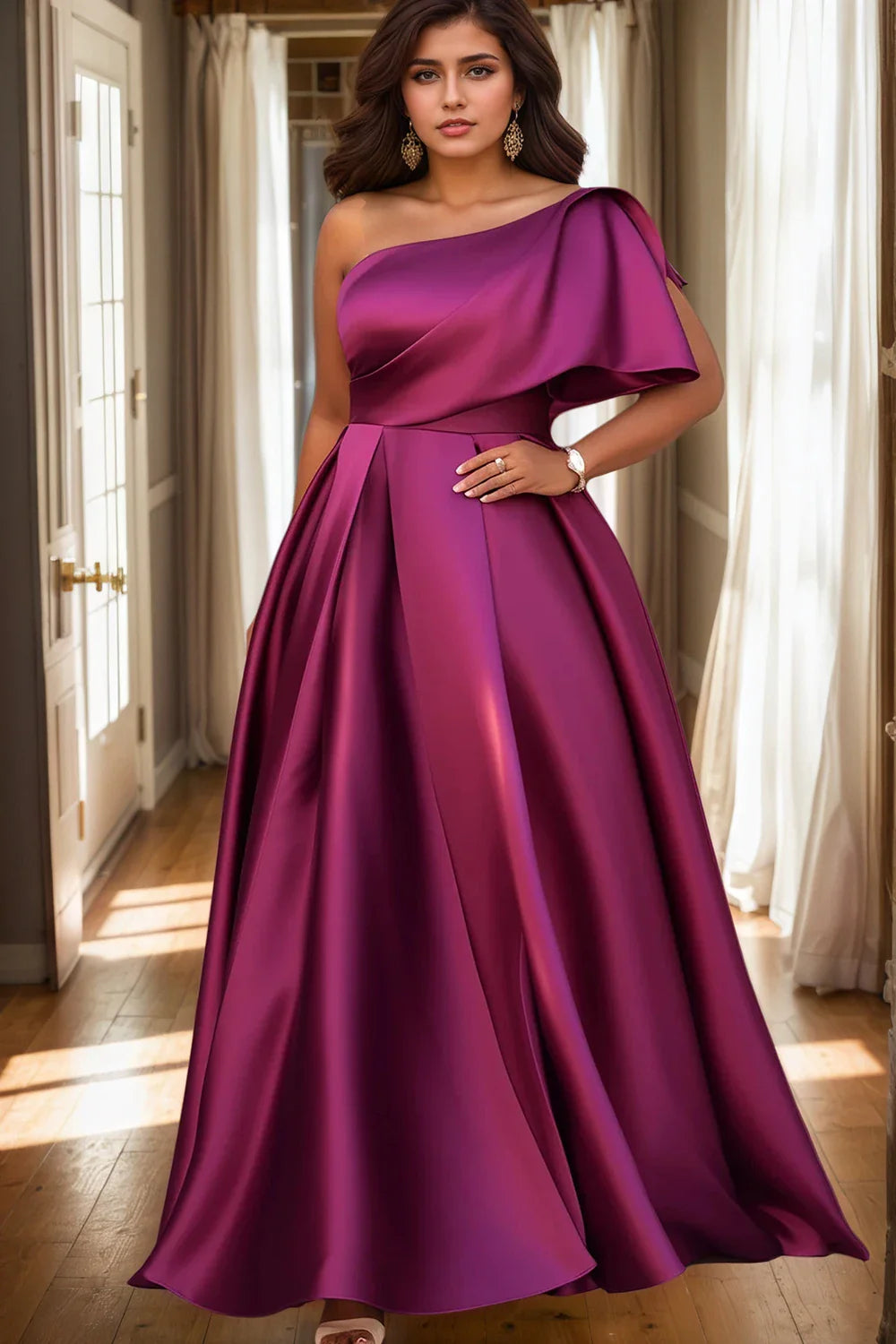 Elegant women's plus size A-line maxi dress with one sleeve design, featuring intricate pleating, perfect for formal occasions and weddings.