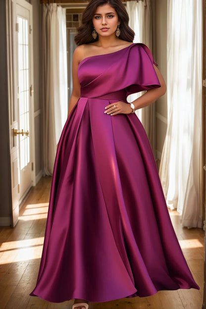 Elegant women's plus size A-line maxi dress with one sleeve design, featuring intricate pleating, perfect for formal occasions and weddings.