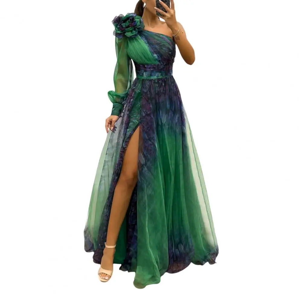 Trendy long sleeve evening dress for women, designed in soft chiffon with a one shoulder and pleated A-Line style, epitomizing luxury and style.