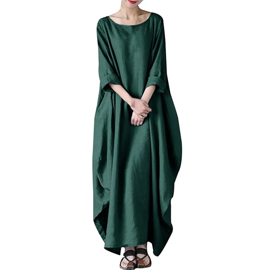 Luxury Plus Size Casual Loose Summer Maxi Dress for Women, elegant knee-length cotton linen tunic, ideal for middle-aged women.