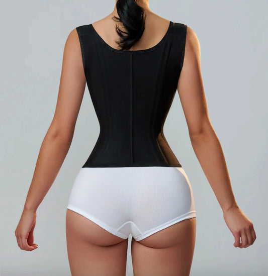 Sophisticated luxury latex waist cincher corset with a chic zipper and button closure, crafted for effective tummy control and a fashionable silhouette for discerning women.