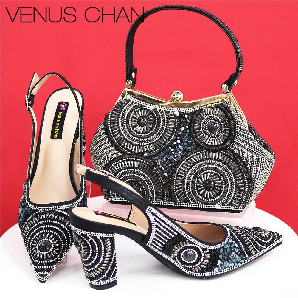 Fashionable women's shoe and bag set displayed elegantly, symbolizing luxury and high style for parties or special events.