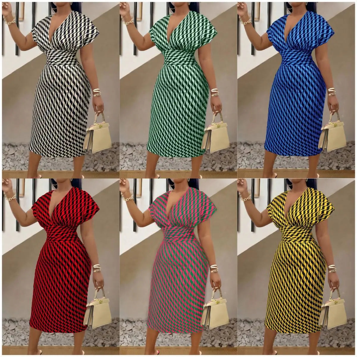 Stylish midi dress for women with a flattering empire waist, featuring a deep V neck and delicate short sleeves, exuding elegance and grace.