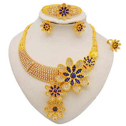 Luxury gold colour bridal jewelry set featuring intricate African design, comprising necklace, earrings, bracelet, and ring for women.
