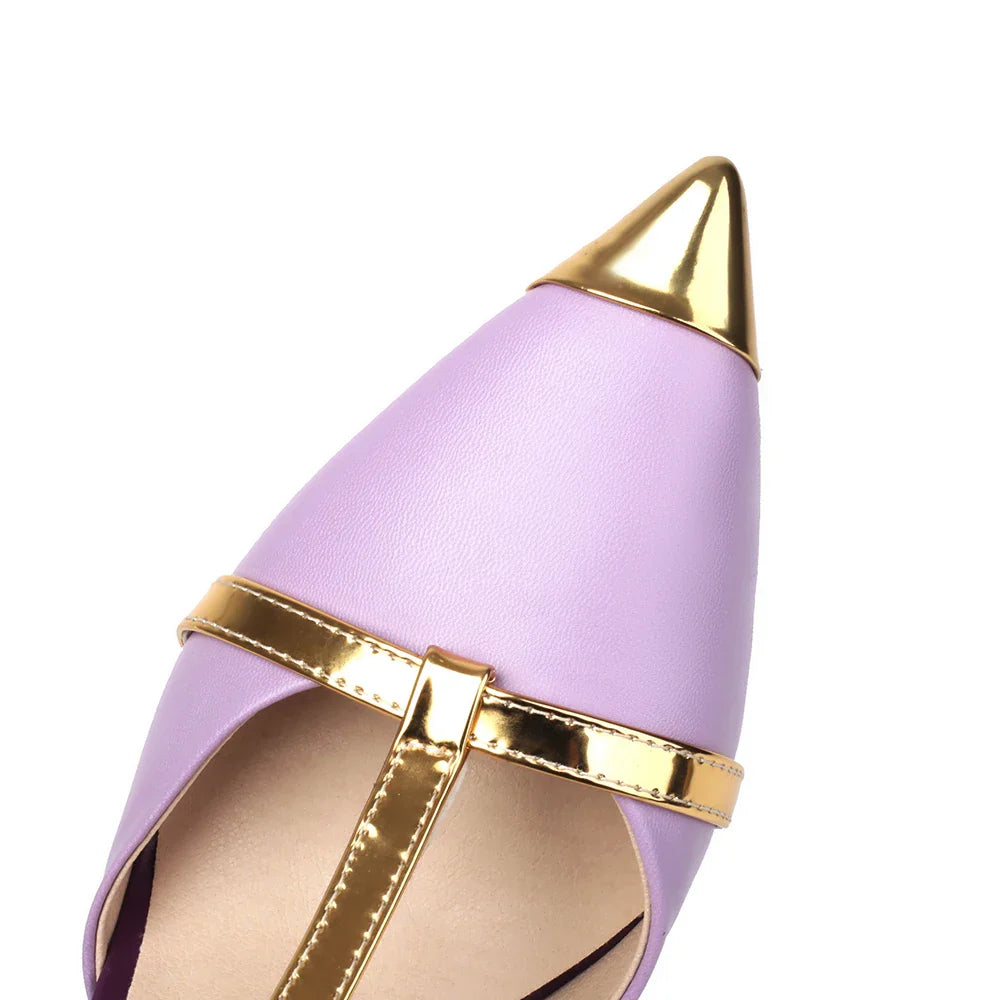Fashionable summer party stiletto heels in a stunning gold and purple colour combination, designed for a luxurious look.