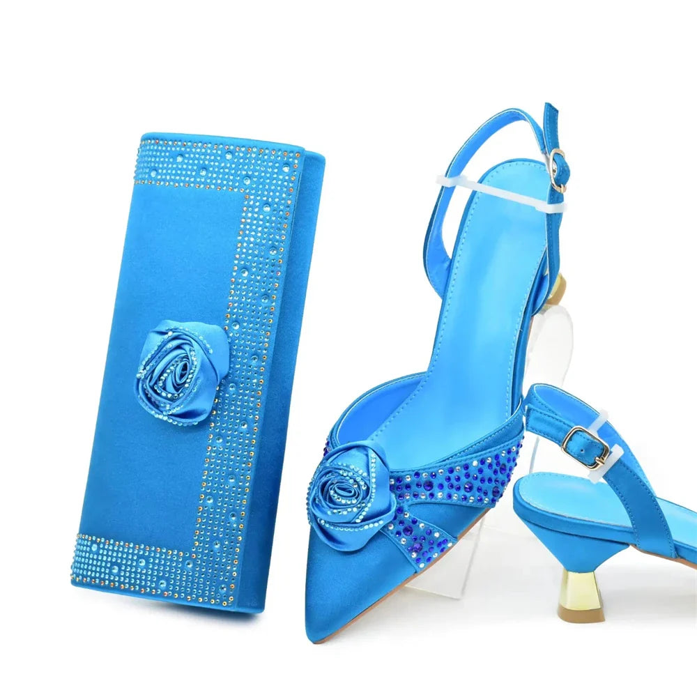 High-fashion Italian women’s shoe and handbag set, meticulously designed for elegance and comfort, perfect for adding glamour to any special occasion.