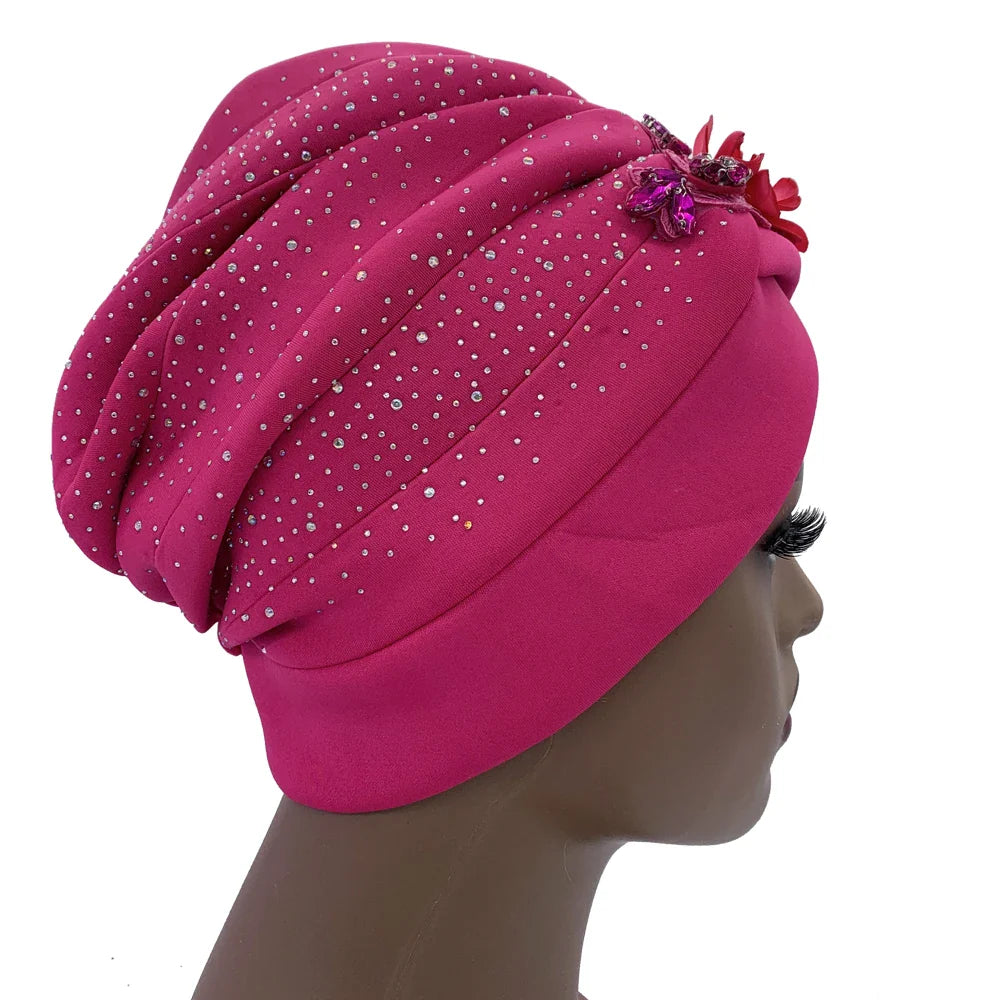 Chic and sophisticated African Turban Cap featuring shimmering rhinestone accents, crafted from high-quality polyester for a comfortable fit.