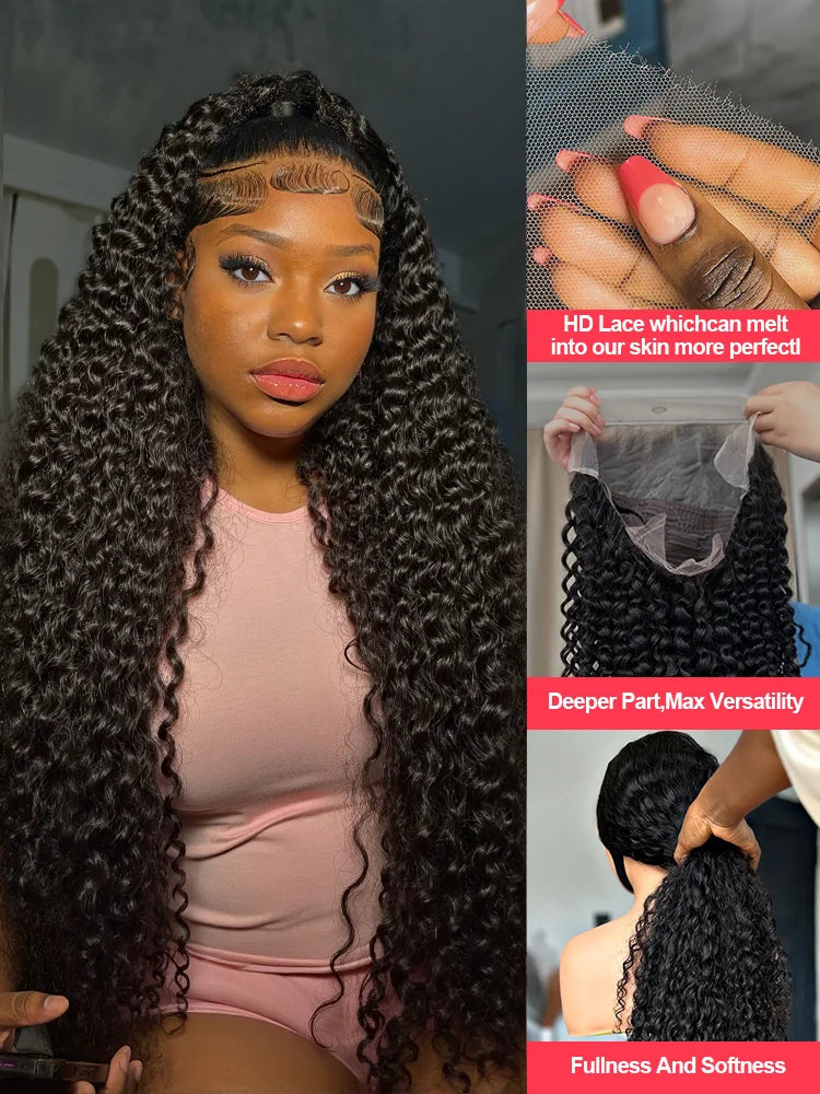 Luxury deep wave lace frontal wig made from 100% human hair, showcasing a natural look with pre-plucked hairline and transparent Swiss lace.
