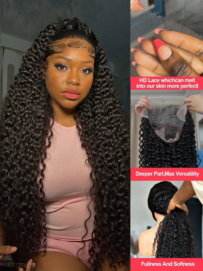 Luxury deep wave lace frontal wig made from 100% human hair, showcasing a natural look with pre-plucked hairline and transparent Swiss lace.