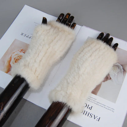Fashionable half finger knitted gloves for women, crafted from genuine mink fur, designed for effortless style and warmth.