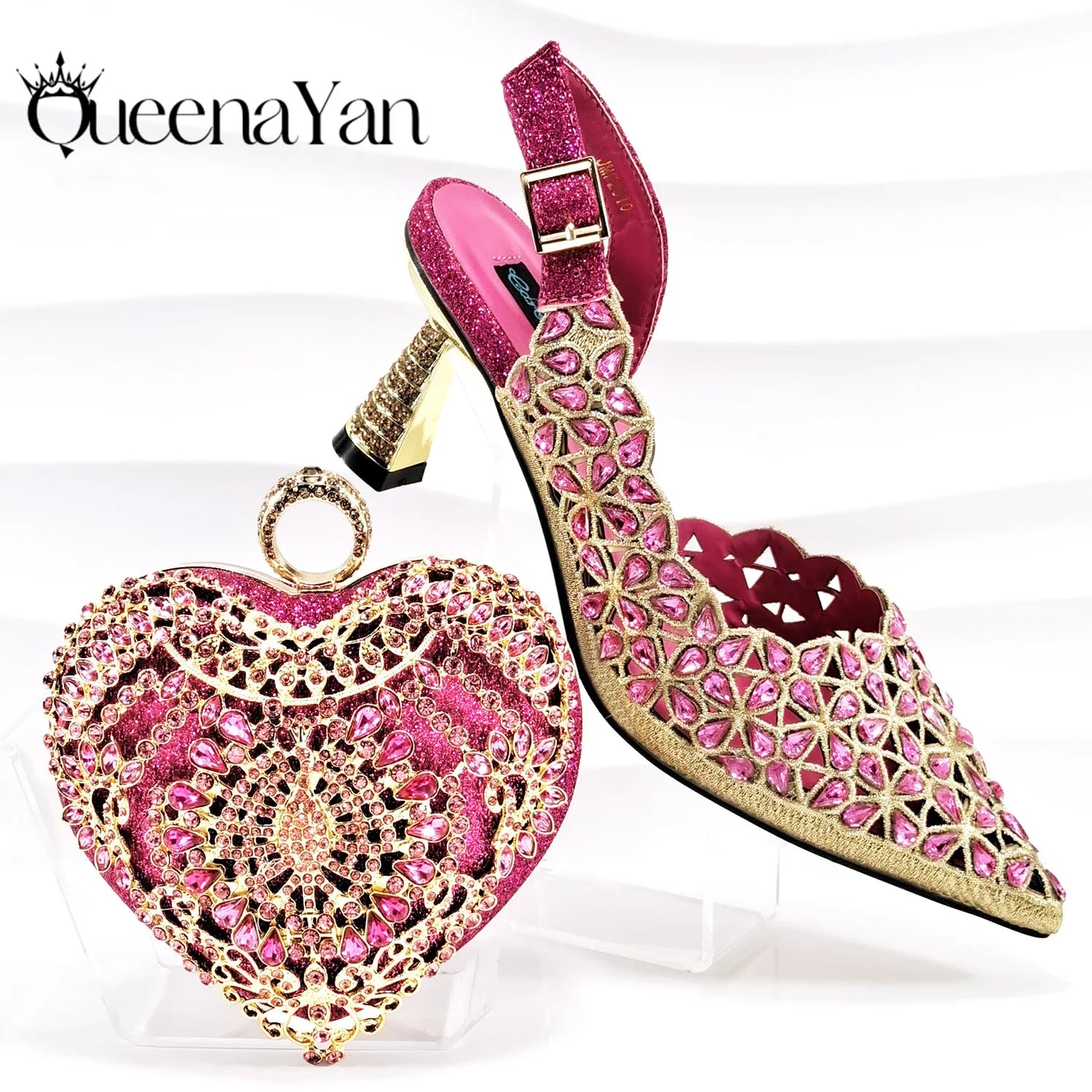 Crafted with care, the QSGFC fuchsia handbag matches the elegant heel pumps, making it an ideal accessory for upscale gatherings.