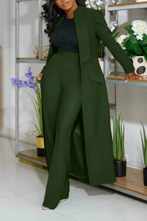 Full ensemble of women's x-long blazer coat and wide leg pants set in a stylish solid colour, ideal for autumn/winter fashion.